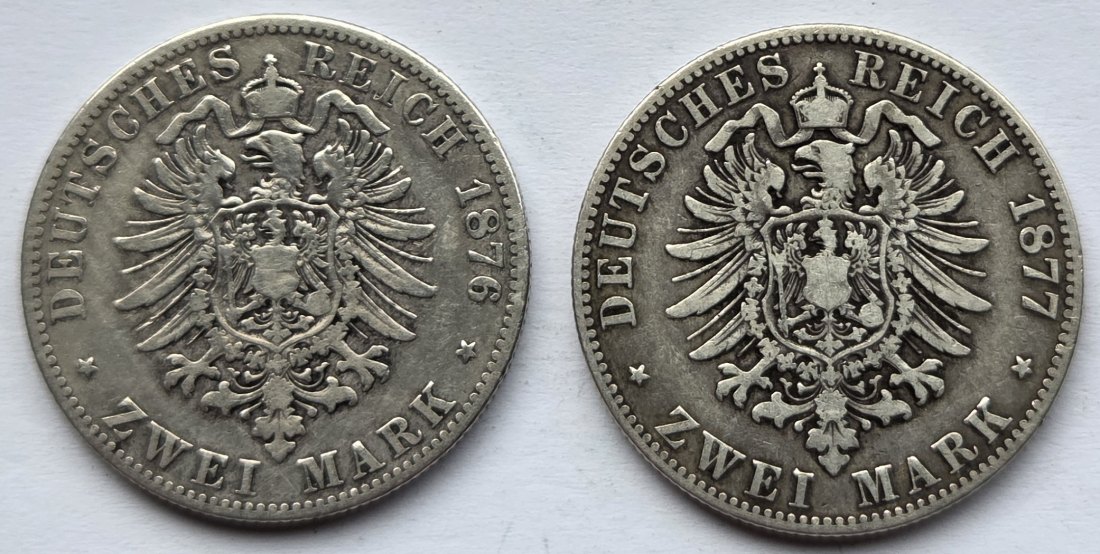  Kaiserreich: Preußen, 2 Mark Wilhelm I. (Jaeger 96), 2 Stück (1876 A + 1877 A)   