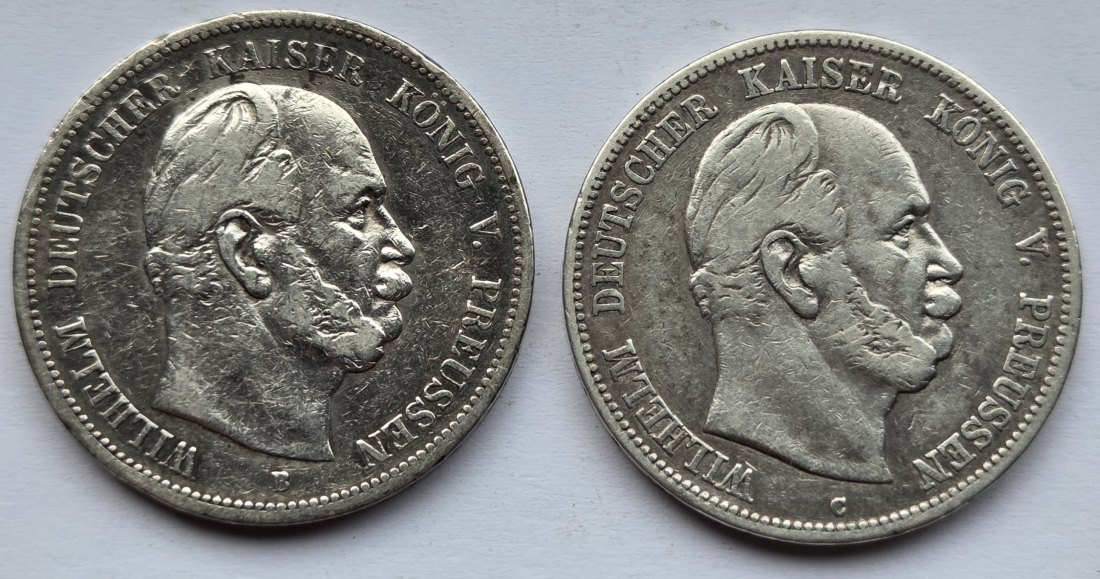  Kaiserreich: Preußen, 5 Mark Wilhelm I. (Jaeger 97), 2 Stück (1876 B + 1876 C)   