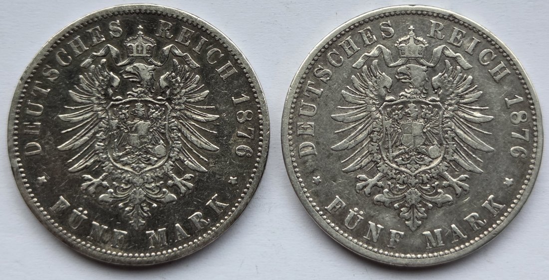  Kaiserreich: Preußen, 5 Mark Wilhelm I. (Jaeger 97), 2 Stück (1876 B + 1876 C)   