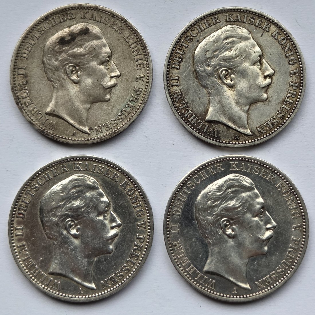  Kaiserreich: Preußen, 3 Mark Wilhelm II. (Jaeger 103), 4 Stück (1908 + 1909 + 1910 + 1912)   