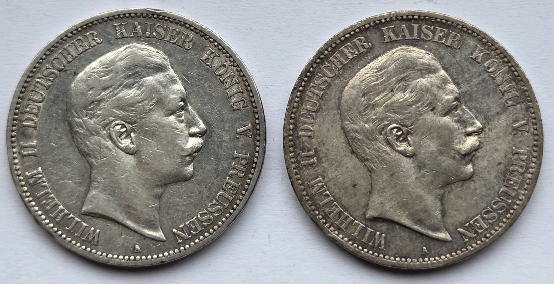  Kaiserreich: Preußen, 5 Mark Wilhelm II. (Jaeger 104), 2 Stück (1903 + 1907)   
