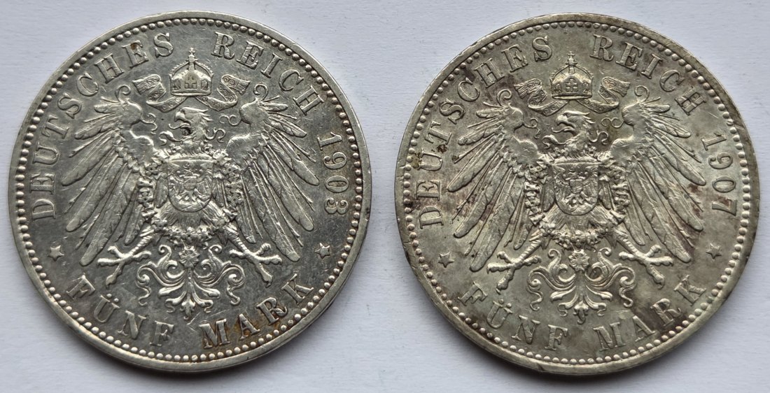  Kaiserreich: Preußen, 5 Mark Wilhelm II. (Jaeger 104), 2 Stück (1903 + 1907)   