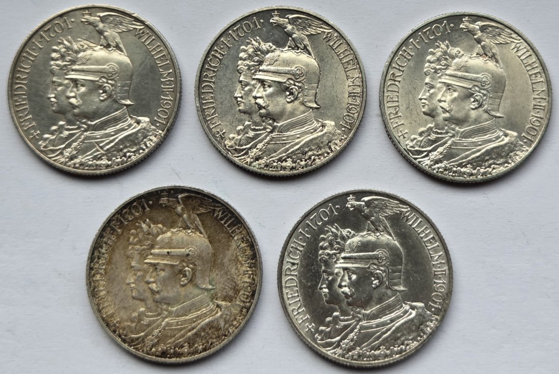  Kaiserreich: Preußen, 2 Mark 200 Jahre Königreich 1901 (Jaeger 105), 5 Stück   