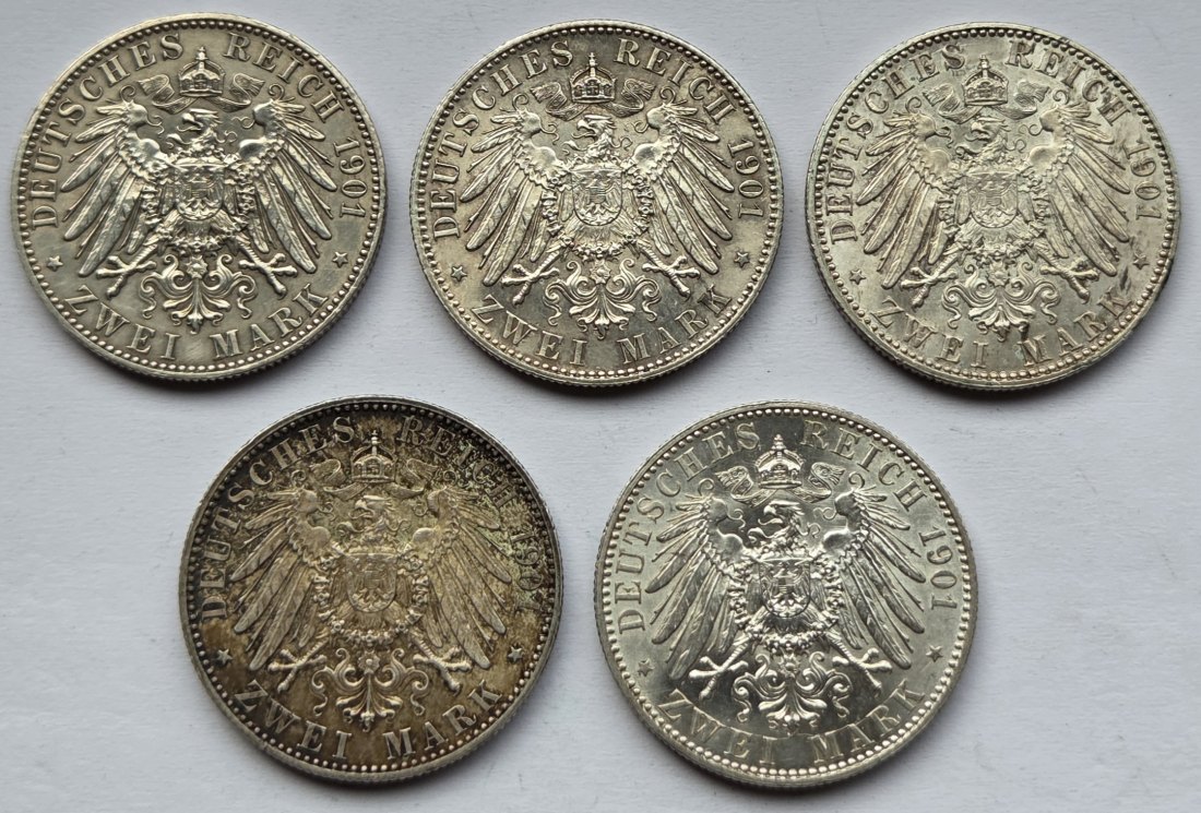  Kaiserreich: Preußen, 2 Mark 200 Jahre Königreich 1901 (Jaeger 105), 5 Stück   