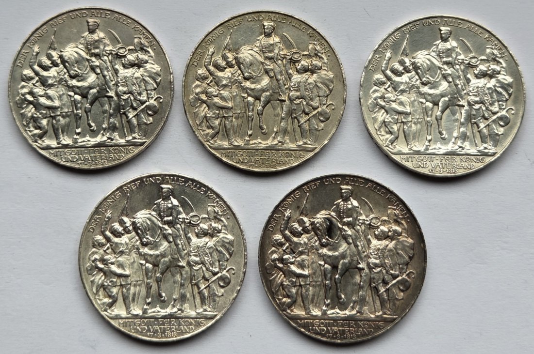 Kaiserreich: Preußen, 3 Befreiungskriege 1913 (Jaeger 110), 5 Stück   