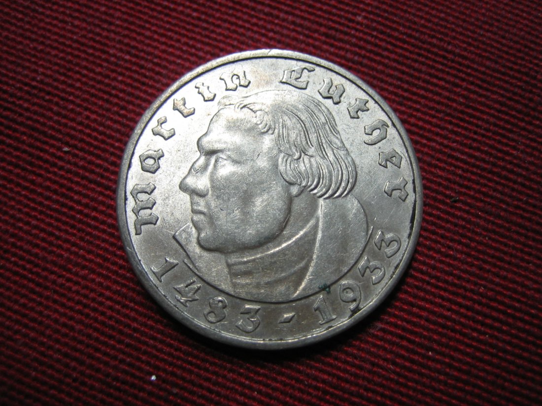 III. Reich 2 Mark Luther 1933 F. Erhaltung