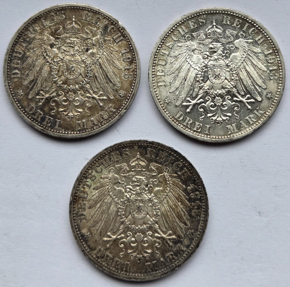  Kaiserreich: Preußen, 3 Mark Wilhelm in Uniform 1913 (Jaeger 112), 3 Stück   