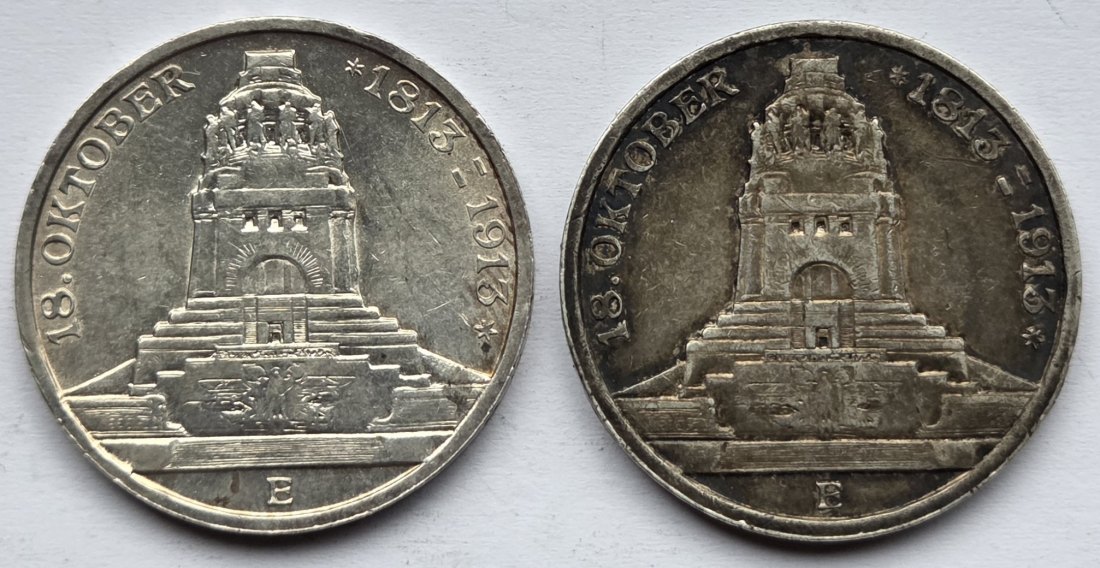  Kaiserreich: Sachsen, 3 Mark Völkerschlachtdenkmal 1913 (Jaeger 140), 2 Stück   