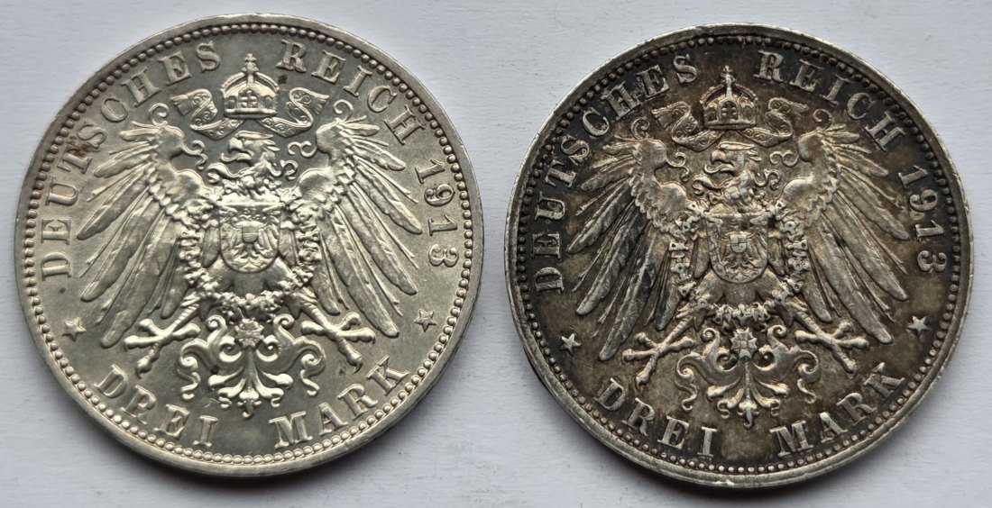  Kaiserreich: Sachsen, 3 Mark Völkerschlachtdenkmal 1913 (Jaeger 140), 2 Stück   