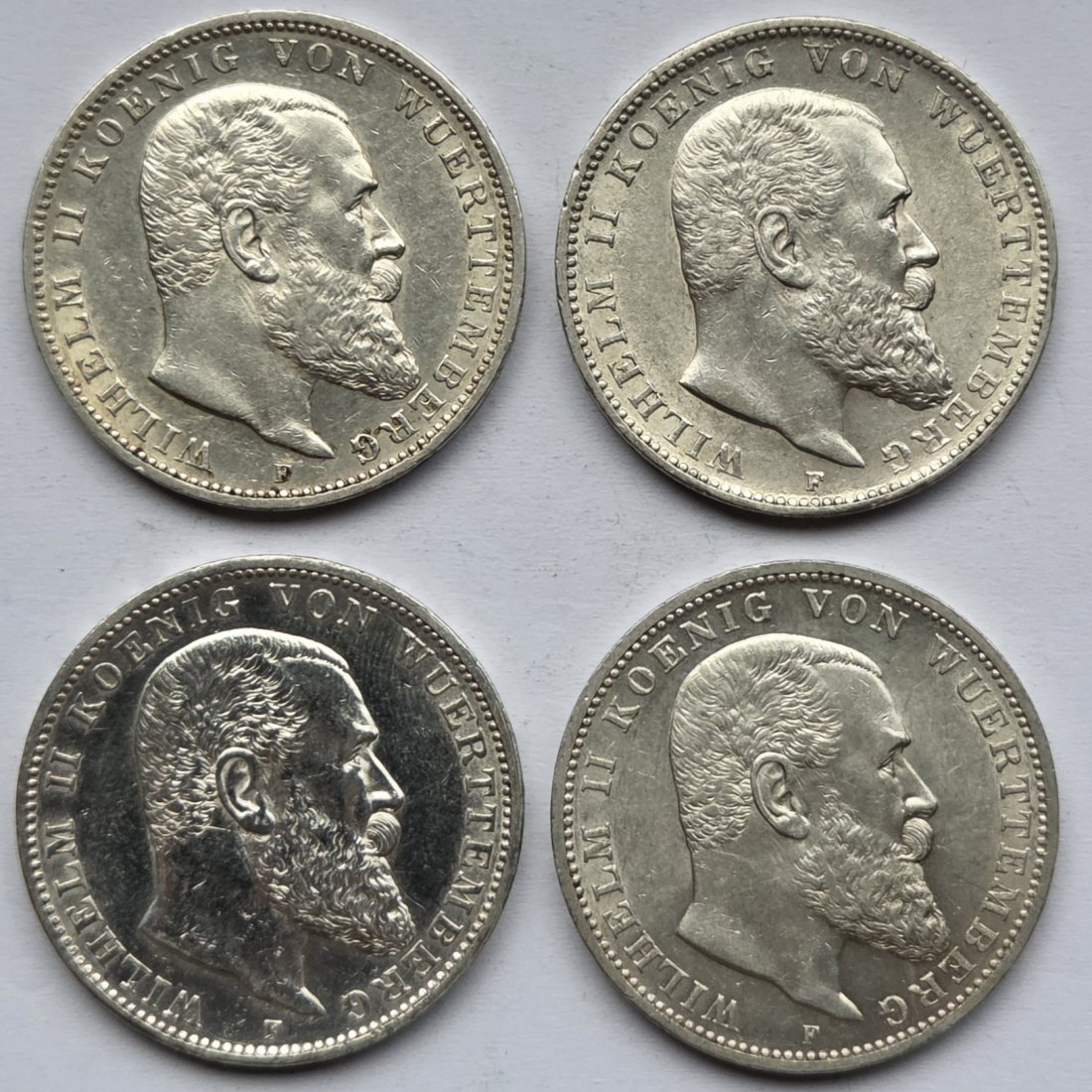  Kaiserreich: Württemberg, 3 Mark Wilhelm II. (Jaeger 175), 4 Stück (1909 + 1910 + 1912 + 1914)   