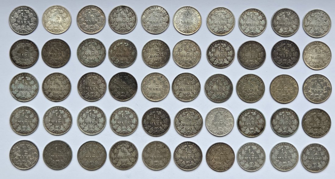  Kaiserreich: 50 x 1/2 Mark, zusammen 125 g Feinsilber   