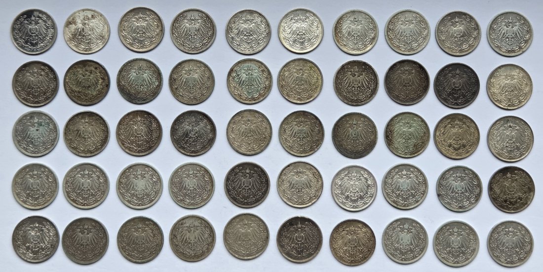  Kaiserreich: 50 x 1/2 Mark, zusammen 125 g Feinsilber   