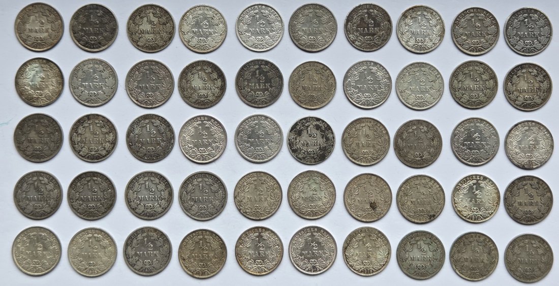  Kaiserreich: 50 x 1/2 Mark, zusammen 125 g Feinsilber   