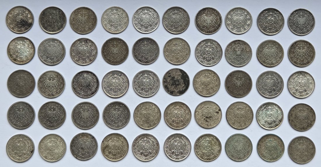  Kaiserreich: 50 x 1/2 Mark, zusammen 125 g Feinsilber   