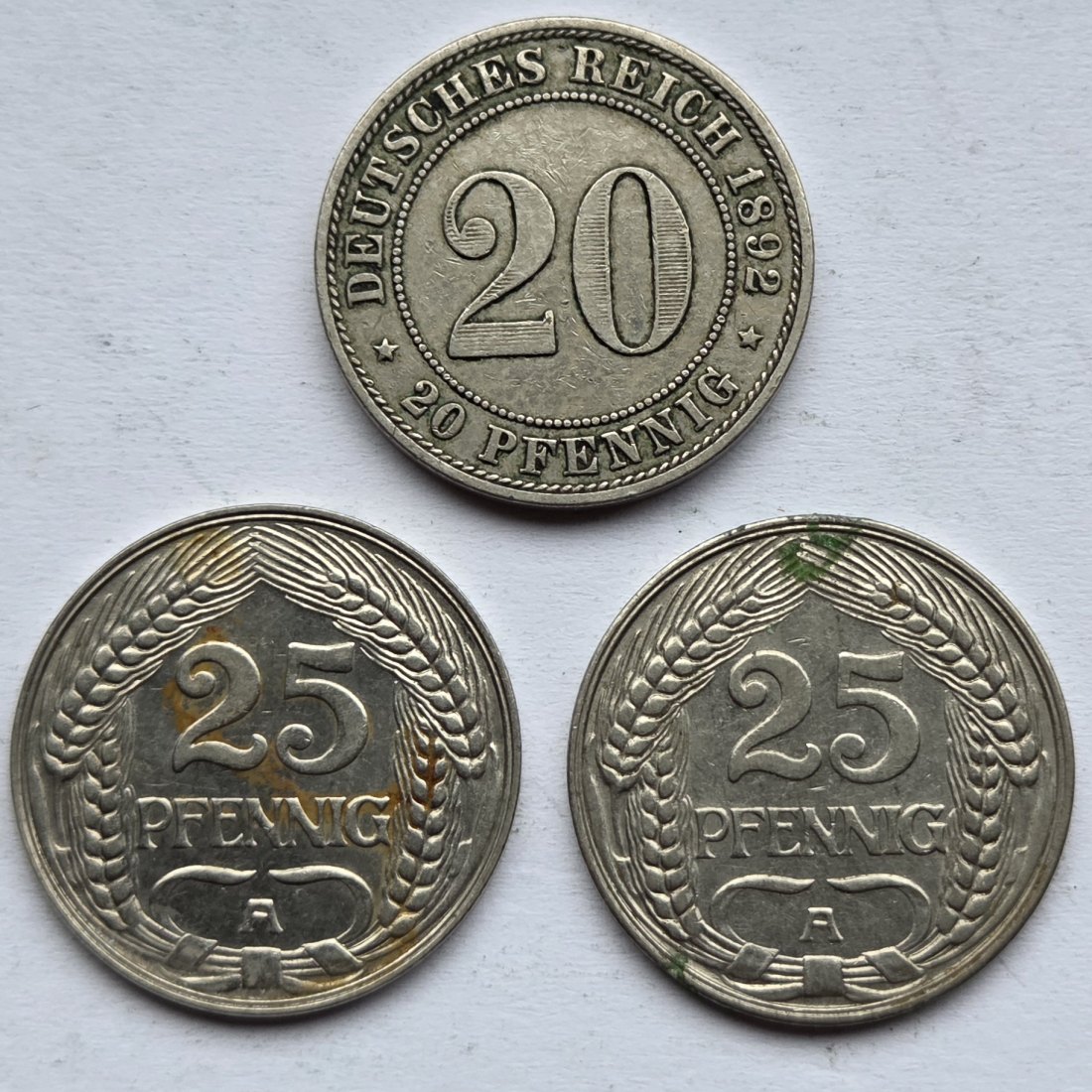  Kaiserreich: 20 Pfennig 1892 A + 25 Pfennig 1910 A + 1911 A   