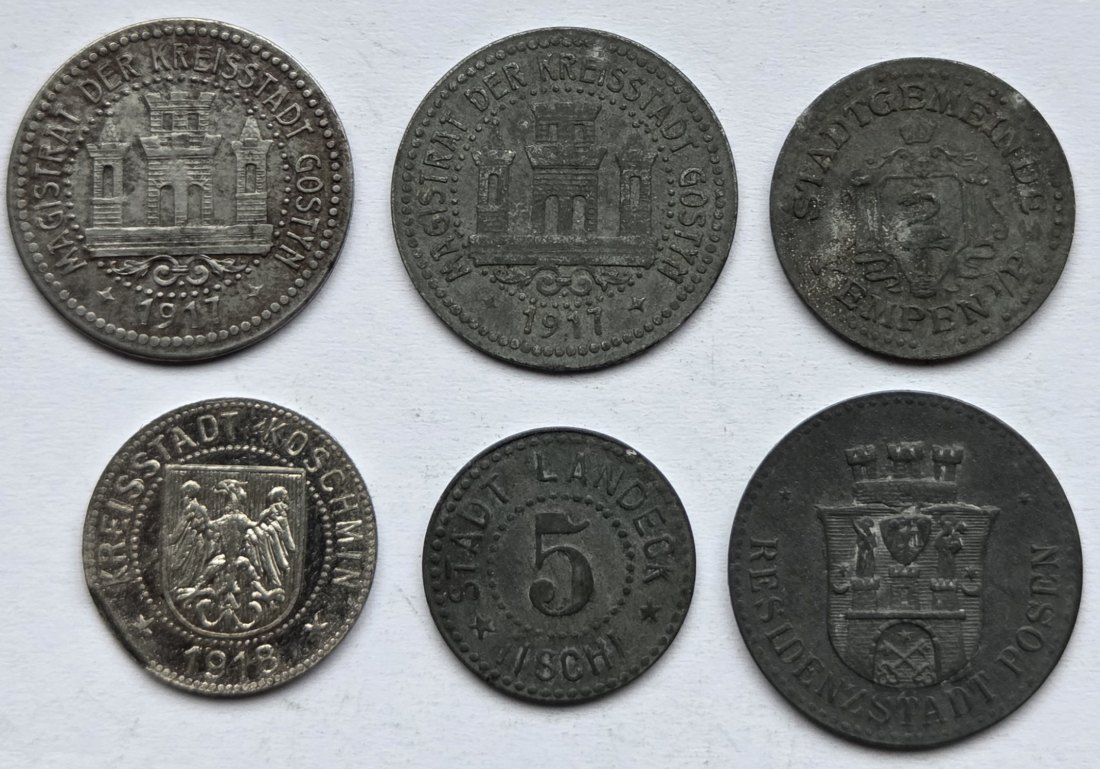  Notgeld: Lot aus sechs verschiedenen Münzen Ostgebiete   