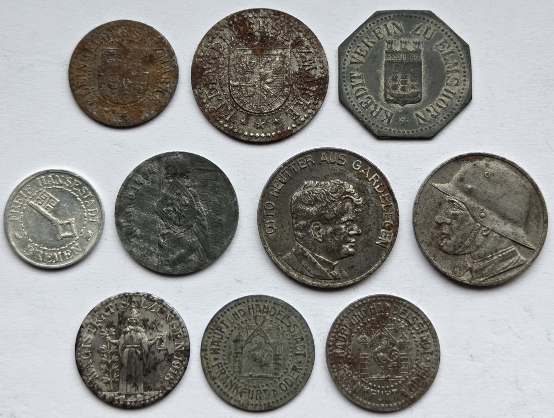  Notgeld: Lot aus zehn verschiedenen Münzen Nord- & Ostdeutschland   