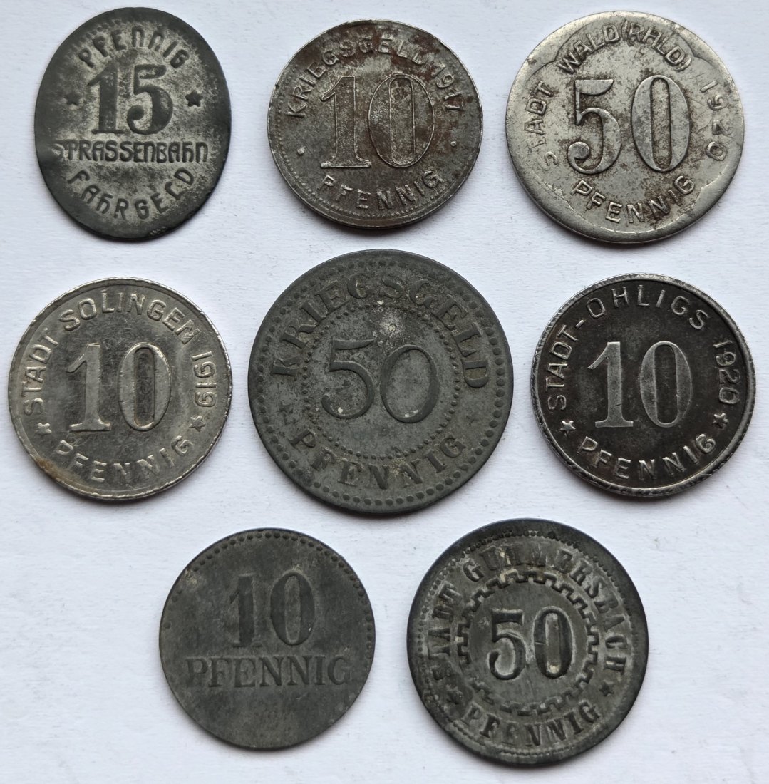  Notgeld: Lot aus acht verschiedenen Münzen Bergisches Land   