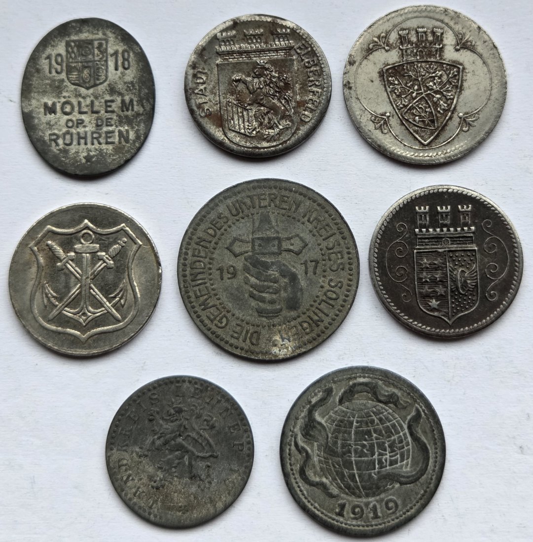  Notgeld: Lot aus acht verschiedenen Münzen Bergisches Land   