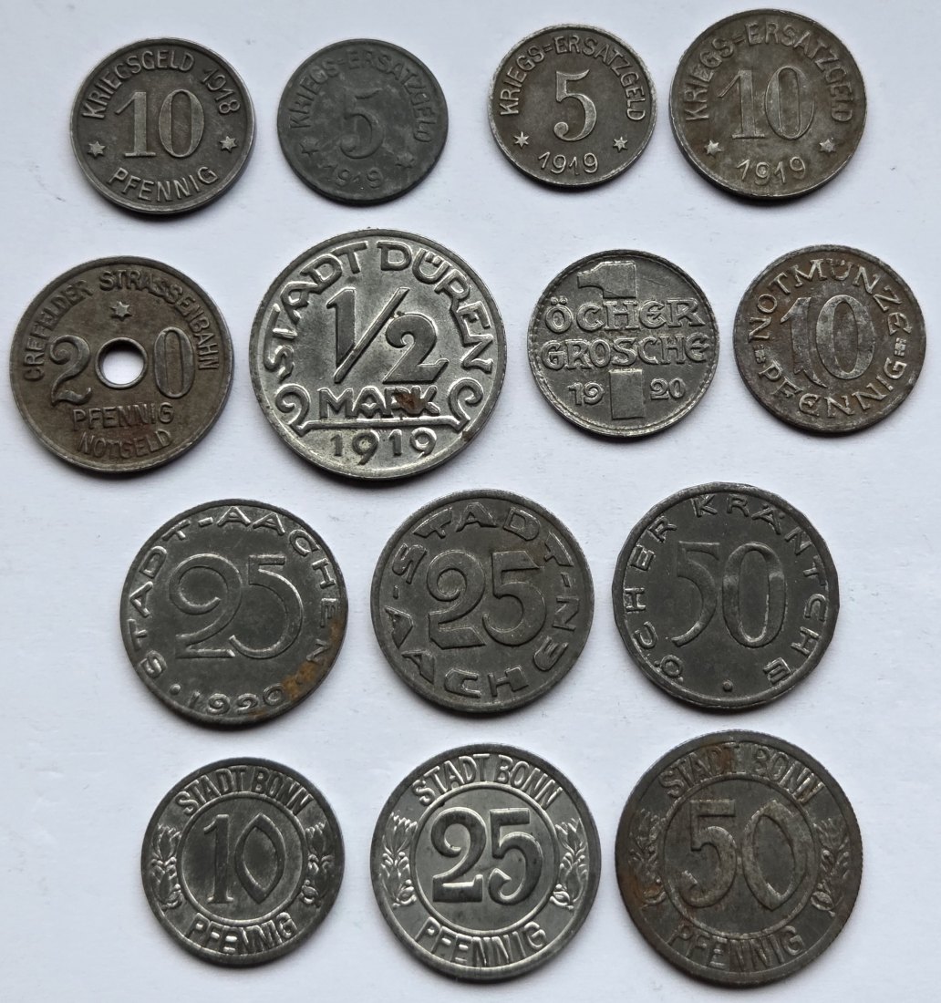  Notgeld: Lot aus 14 verschiedenen Münzen Rheinland   