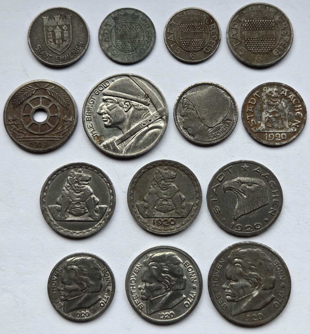  Notgeld: Lot aus 14 verschiedenen Münzen Rheinland   