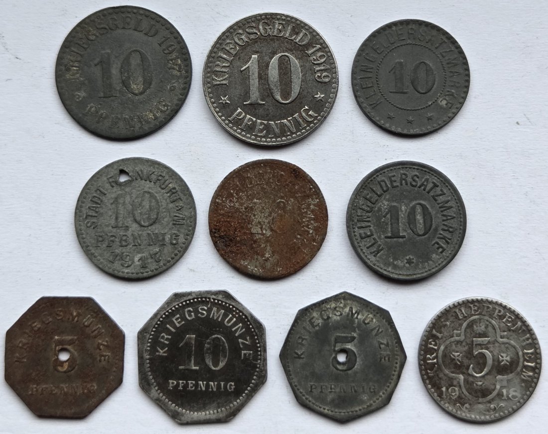  Notgeld: Lot aus zehn verschiedenen Münzen Hessen   