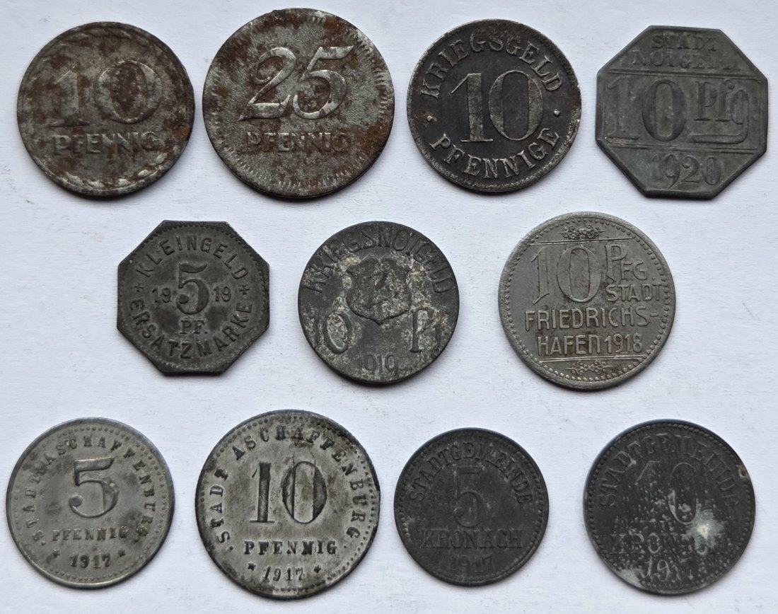  Notgeld: Lot aus elf verschiedenen Münzen Süddeutschland   