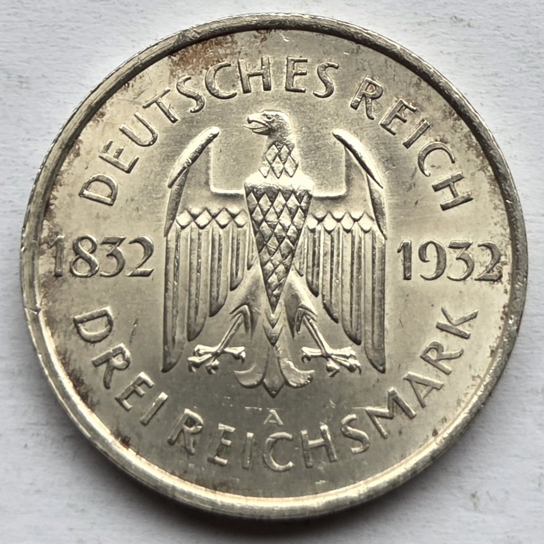  Weimarer Republik: 3 Mark Goethe (Jaeger 350), 1932 A   