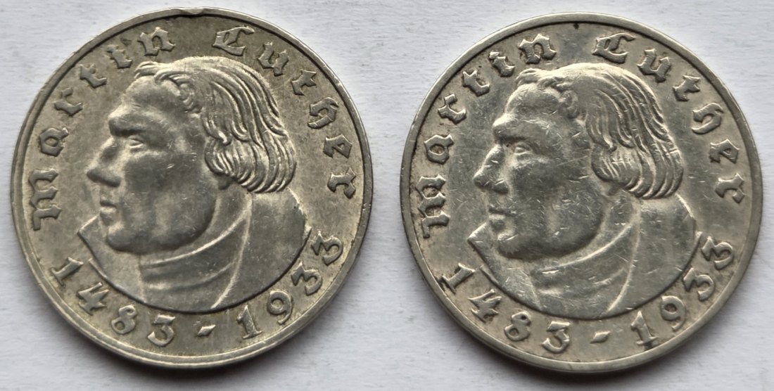  Deutsches Reich: 2 Mark Luther (Jaeger 352), 1933 A + J   