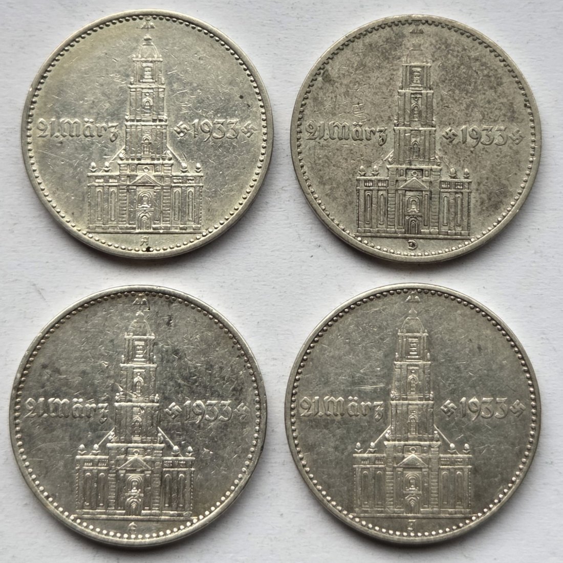  Deutsches Reich: 2 Mark Garnisonkirche 1934 (Jaeger 355), 4 Stück (A + D + E + J)   