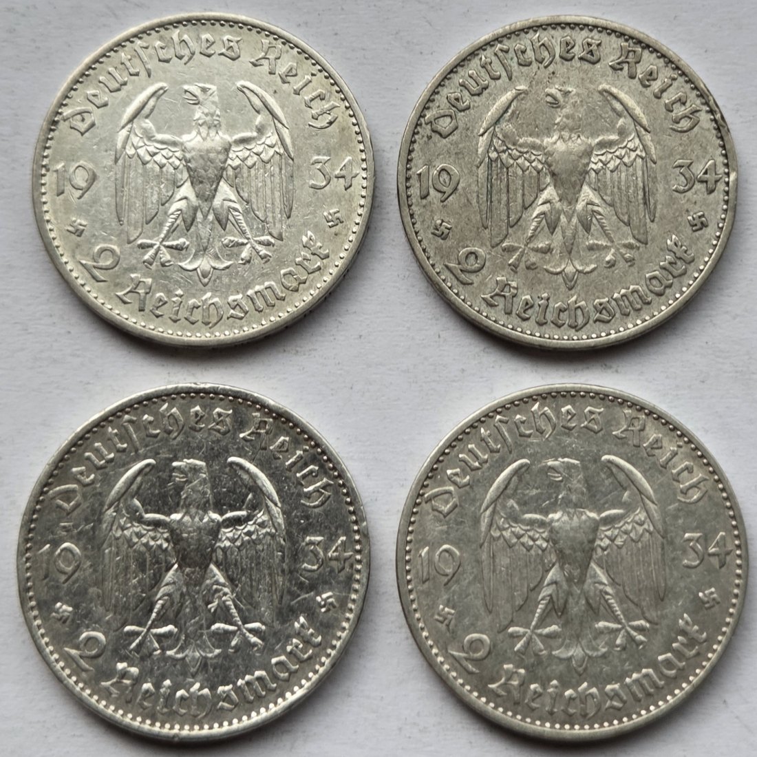  Deutsches Reich: 2 Mark Garnisonkirche 1934 (Jaeger 355), 4 Stück (A + D + E + J)   