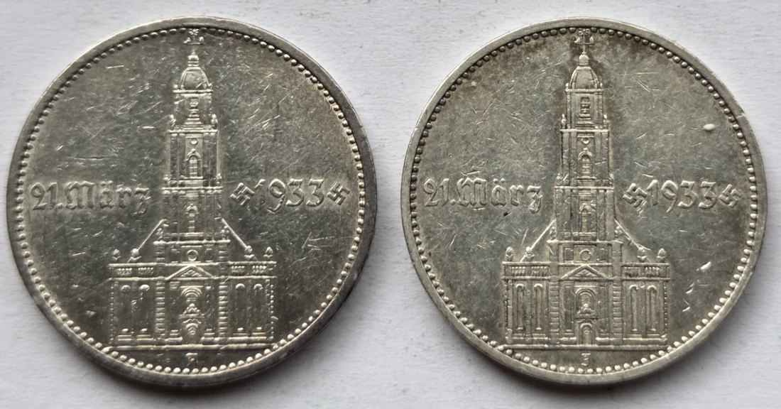  Deutsches Reich: 5 Mark Garnisonkirche 1934 (Jaeger 356), 2 Stück (A + J), zusammen 25 g Feinsilber   