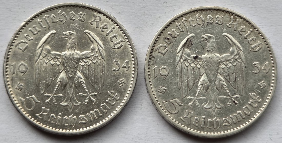  Deutsches Reich: 5 Mark Garnisonkirche 1934 (Jaeger 356), 2 Stück (A + J), zusammen 25 g Feinsilber   
