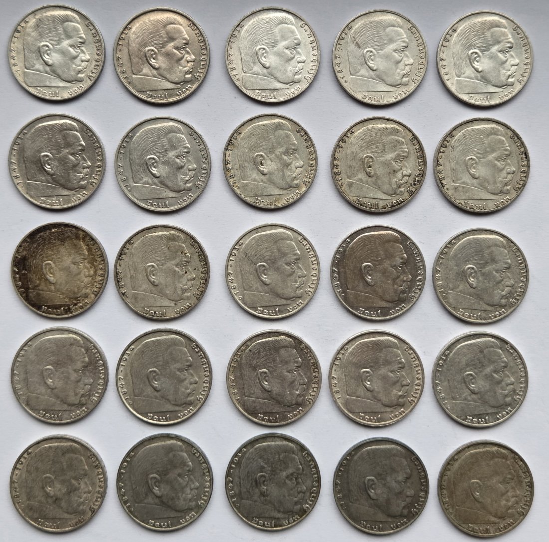 Deutsches Reich: 25 x 2 Mark Hindenburg, zusammen 125 g Feinsilber   