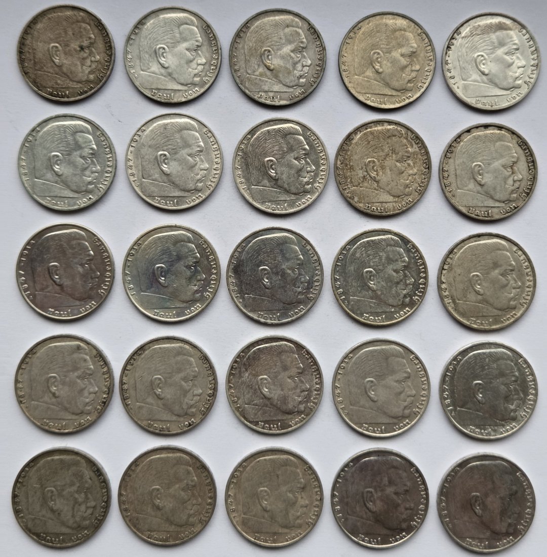  Deutsches Reich: 25 x 2 Mark Hindenburg, zusammen 125 g Feinsilber   