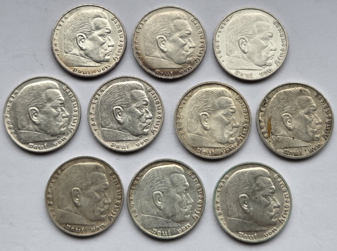  Deutsches Reich: 10 x 5 Mark Hindenburg, zusammen 125 g Feinsilber   