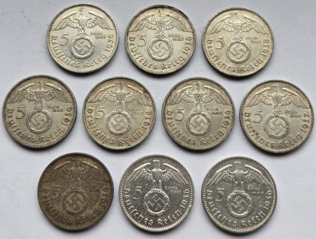  Deutsches Reich: 10 x 5 Mark Hindenburg, zusammen 125 g Feinsilber   