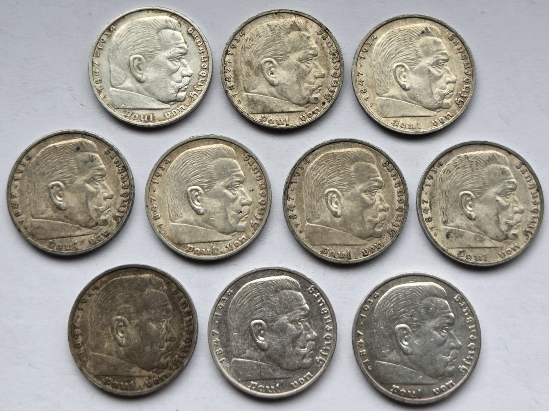  Deutsches Reich: 10 x 5 Mark Hindenburg, zusammen 125 g Feinsilber   