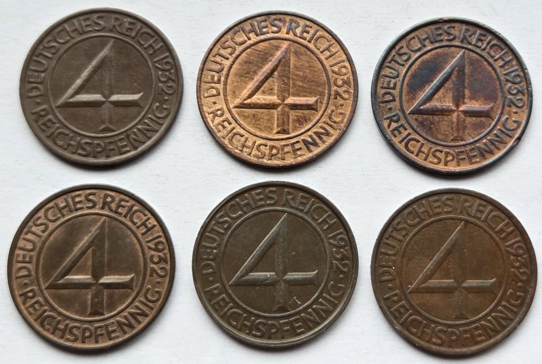  Weimarer Republik: Komplettsatz 4 Pfennig 1932   