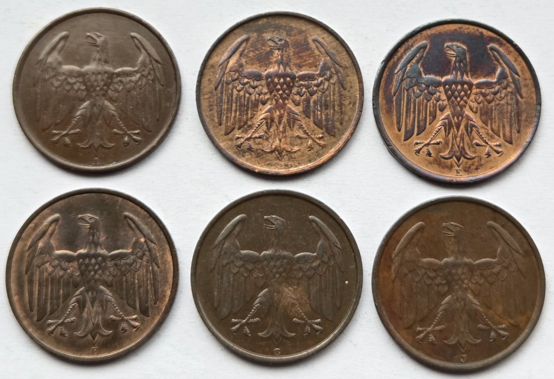  Weimarer Republik: Komplettsatz 4 Pfennig 1932   