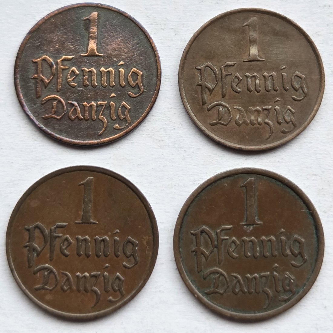  Danzig: 1 Pfennig, vier verschiedene Jahrgänge   