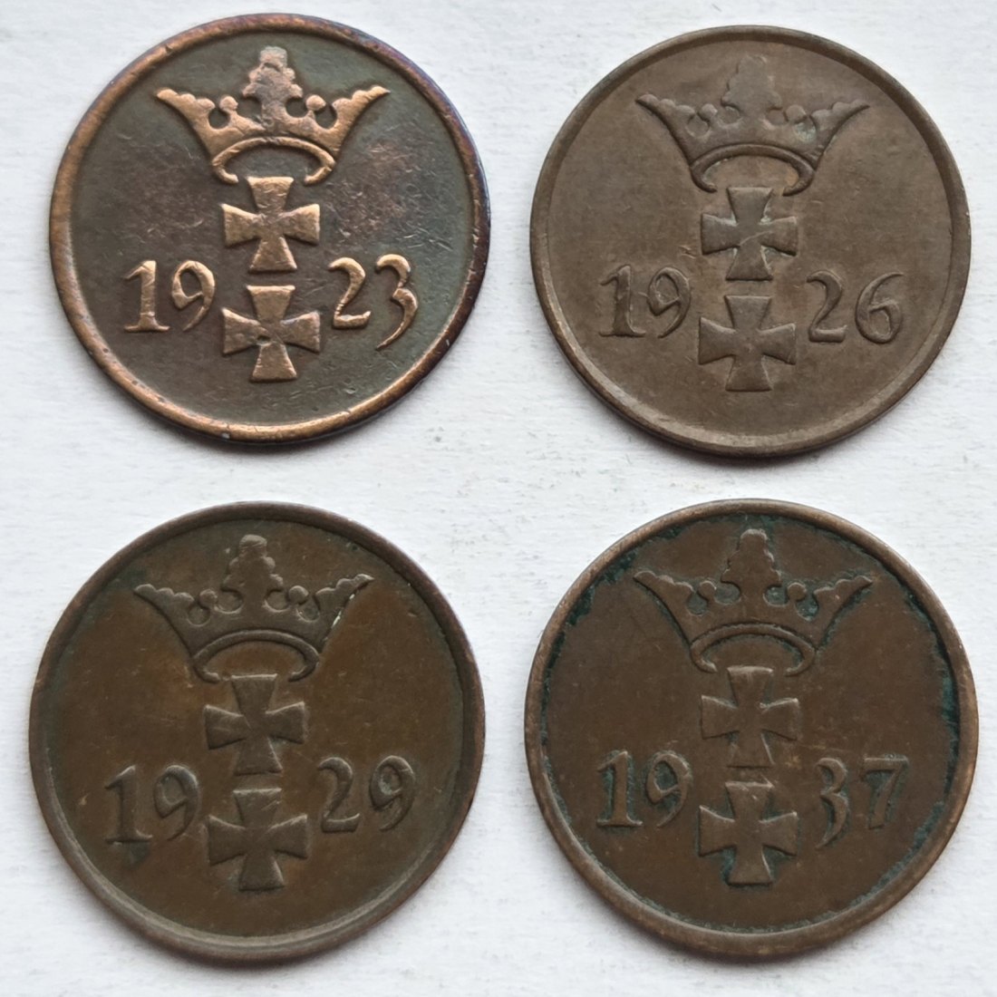  Danzig: 1 Pfennig, vier verschiedene Jahrgänge   