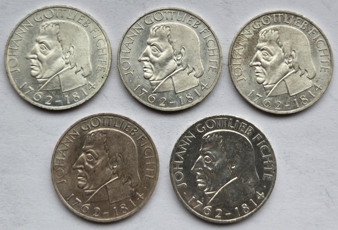  Deutschland: 5 DM Fichte 1964, 5 Stück, 35 g Feinsilber   