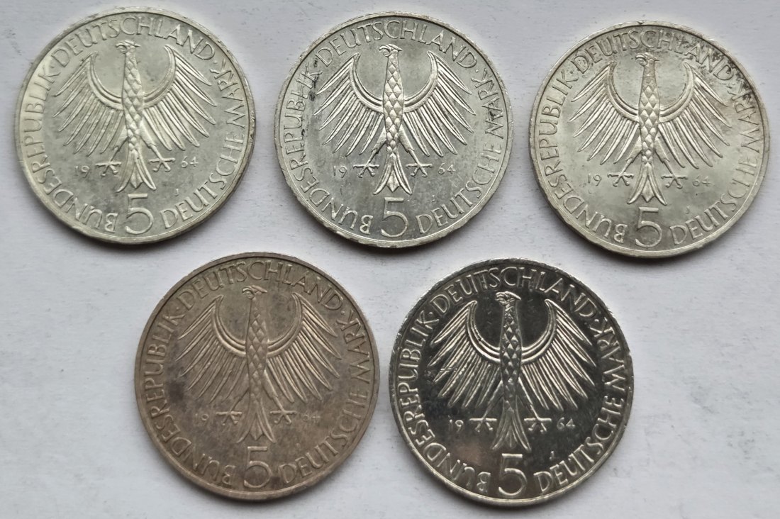  Deutschland: 5 DM Fichte 1964, 5 Stück, 35 g Feinsilber   
