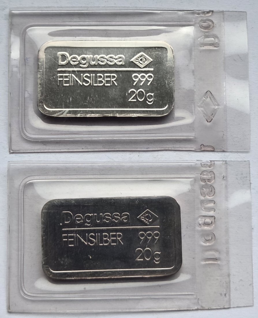  Zwei Degussa-Feinsilber-Barren à 20 g, zusammen 40 g Feinsilber   