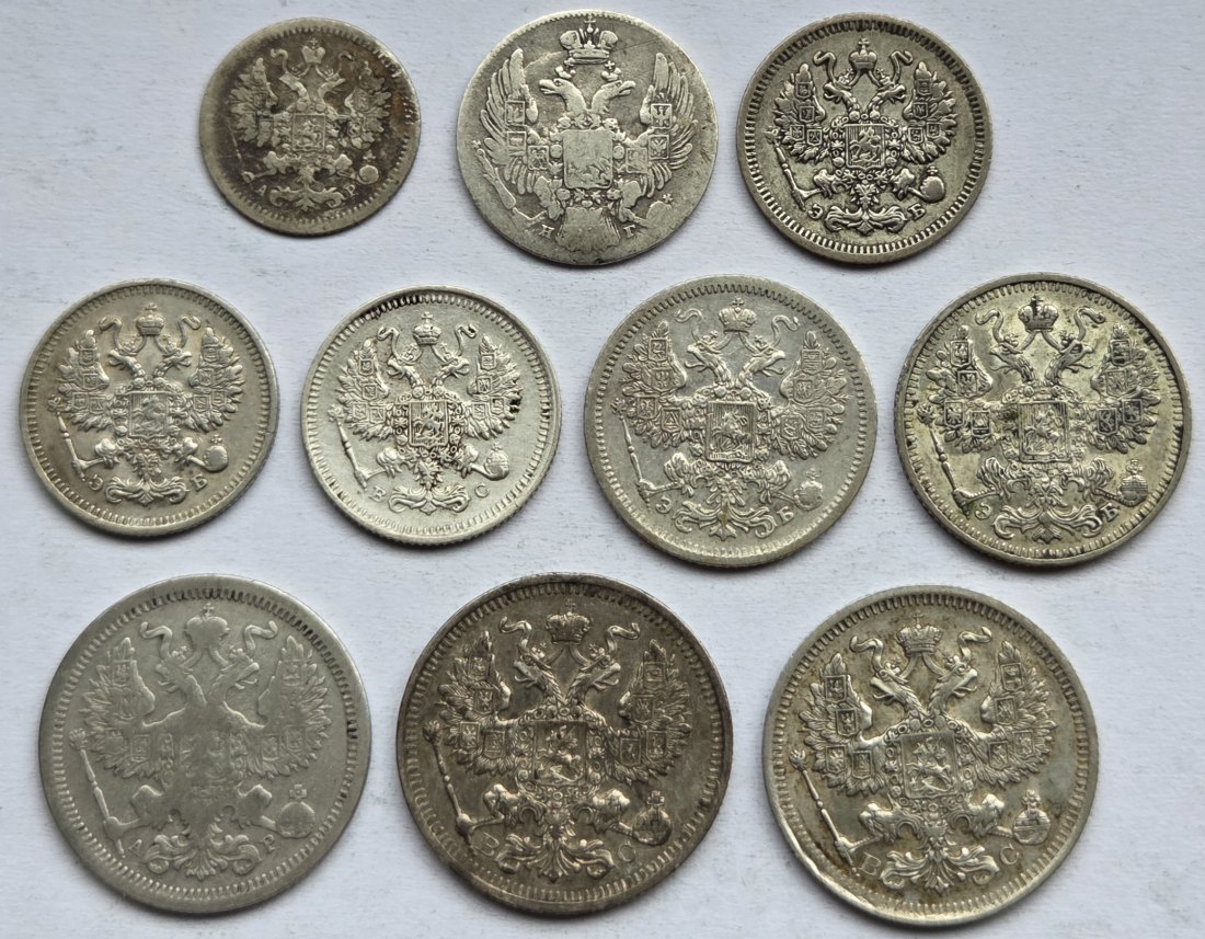  Russland: Lot aus zehn Silberkopeken, zusammen 13 g Feinsilber   