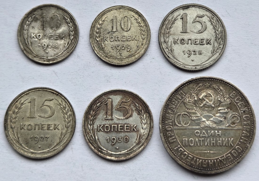  Sowjetunion/Russland: Lot aus sechs Silberkopeken, zusammen 14,85 g Feinsilber   