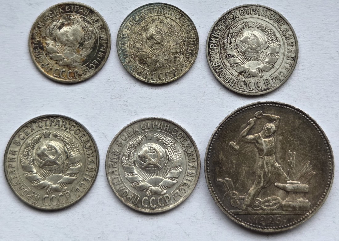  Sowjetunion/Russland: Lot aus sechs Silberkopeken, zusammen 14,85 g Feinsilber   