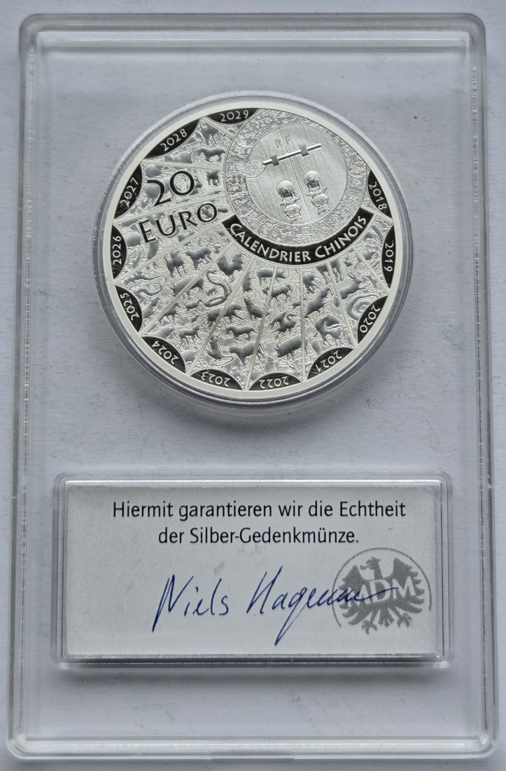  Frankreich: 20 Euro Jahr des Schweins 2019, 1 Unze Feinsilber   