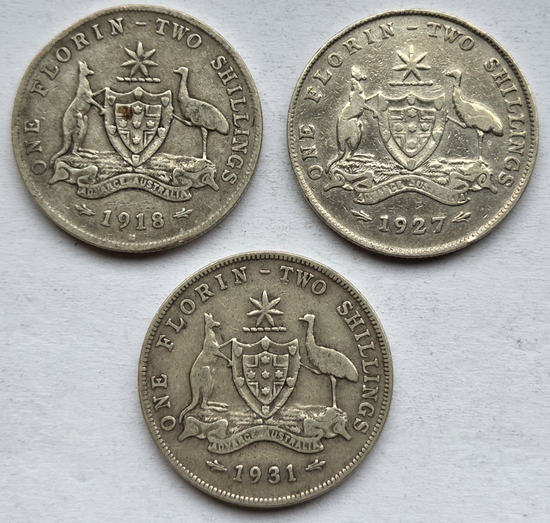  Australien: 3 x 1 Florin (1918 + 1927 + 1931), zusammen 31,4 g Feinsilber   